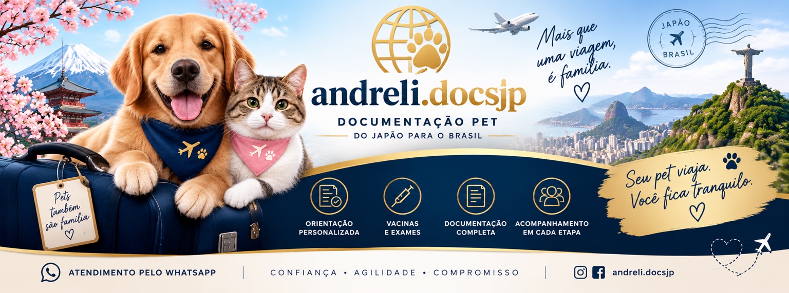 Banner Andreli.docsjp Pet com cão e gato, Japão e Brasil, e serviços de orientação documental para viagem
